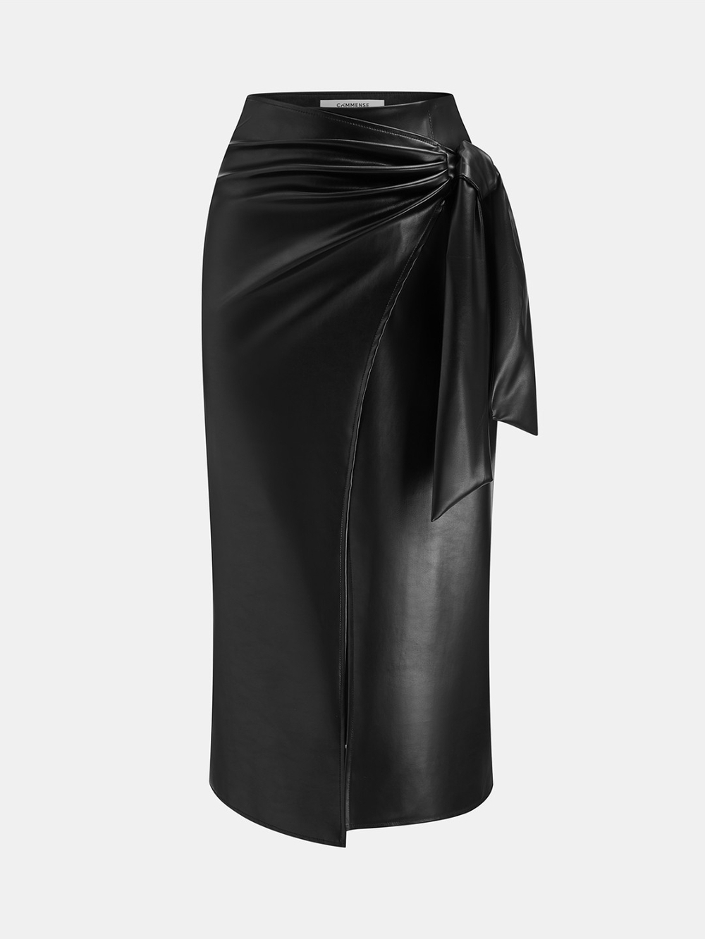 Commense Black Faux-Leather Wrap Midi Skirt with Side Tie